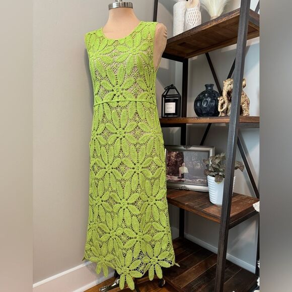 ZARA NWT lime green knit macrame crochet knee midi lined summer dress SIZE M - Picture 3 of 15